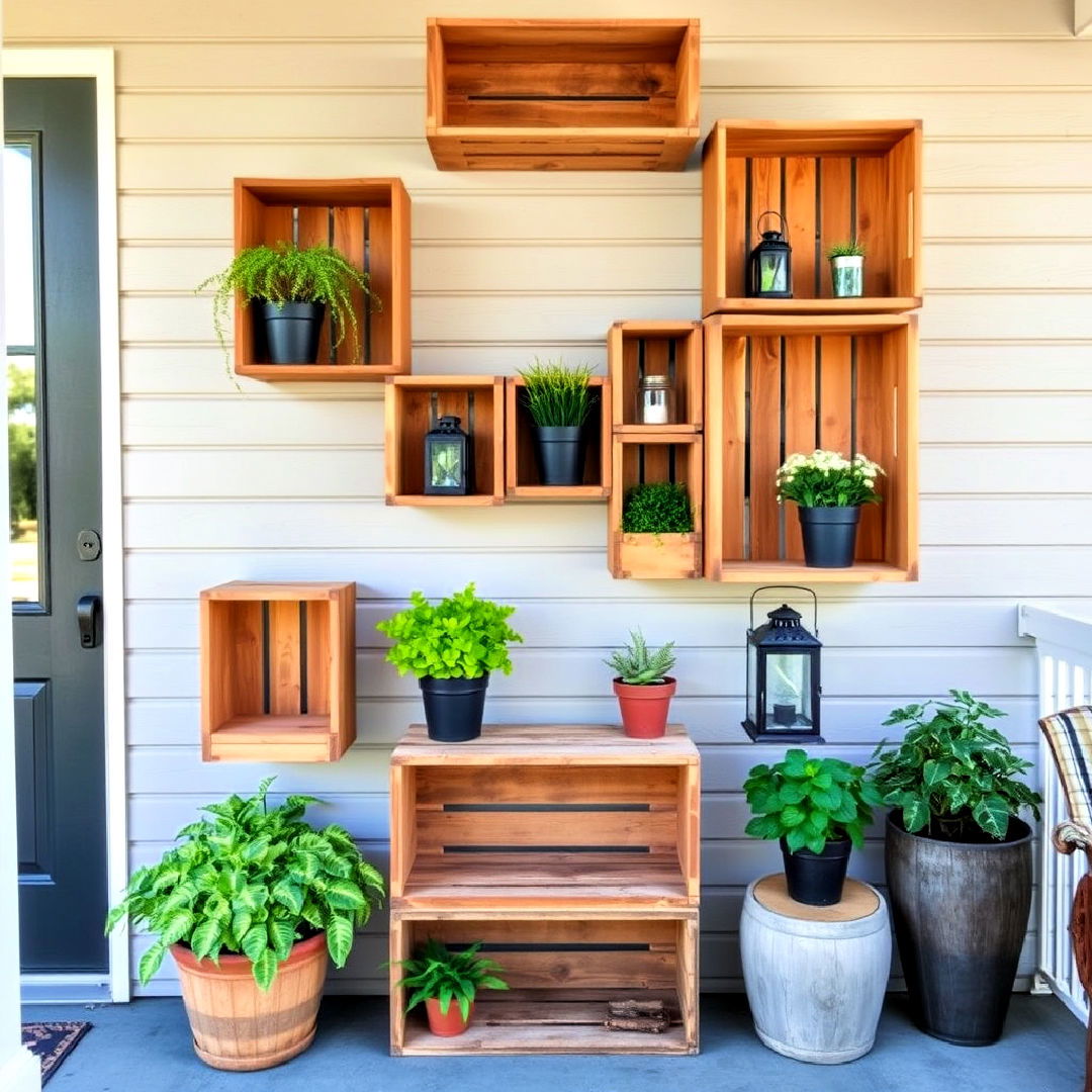 rustic wooden crate shelving ideas - 25 Rustic Front Porch Ideas