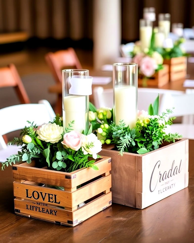 rustic wooden crates filled with flowers - 30 Wedding Table Decoration Ideas