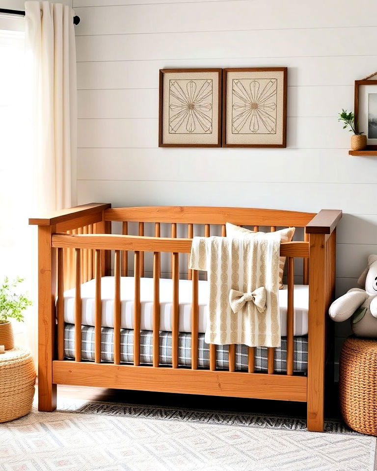 rustic wooden crib for farmhouse charm - 15 Farmhouse Nursery Ideas