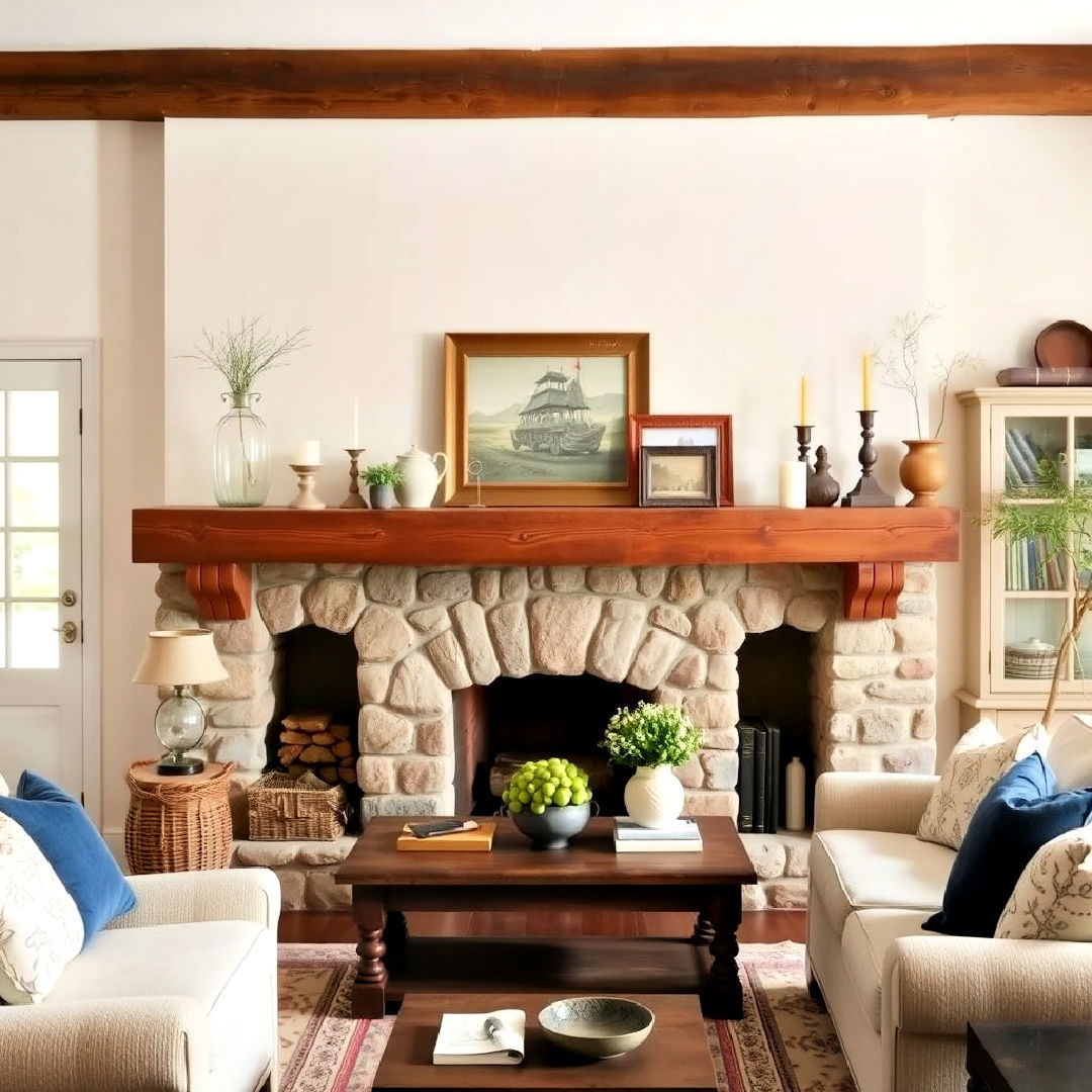 rustic wooden mantel - 40 French Country Living Room Ideas