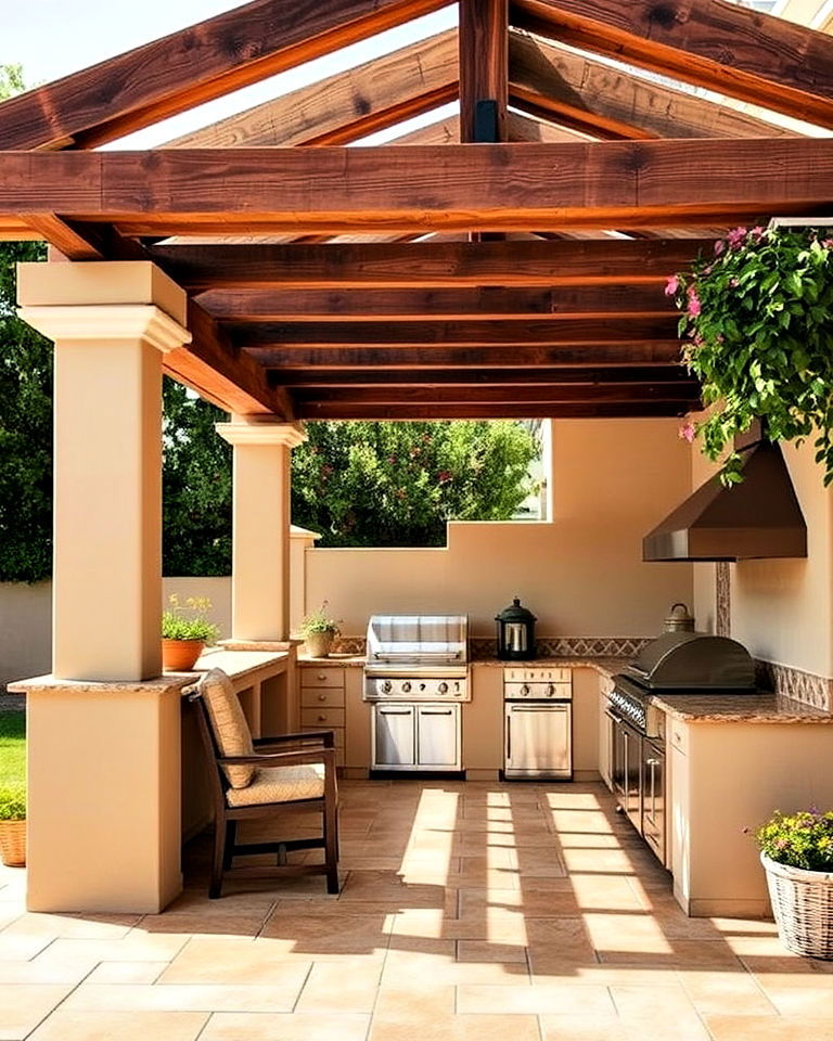 rustic wooden pergola for spanish style outdoor kitchen - 20 Spanish Style Outdoor Kitchen Ideas