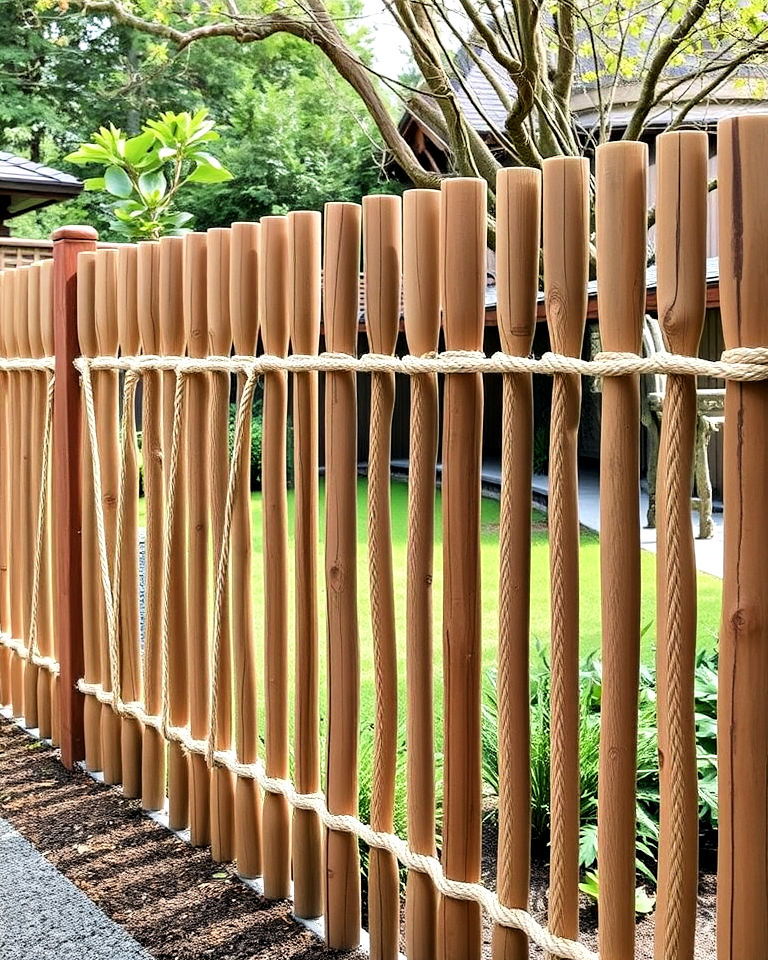 rustic wooden post and rope fence - 40 Japanese Fence Ideas