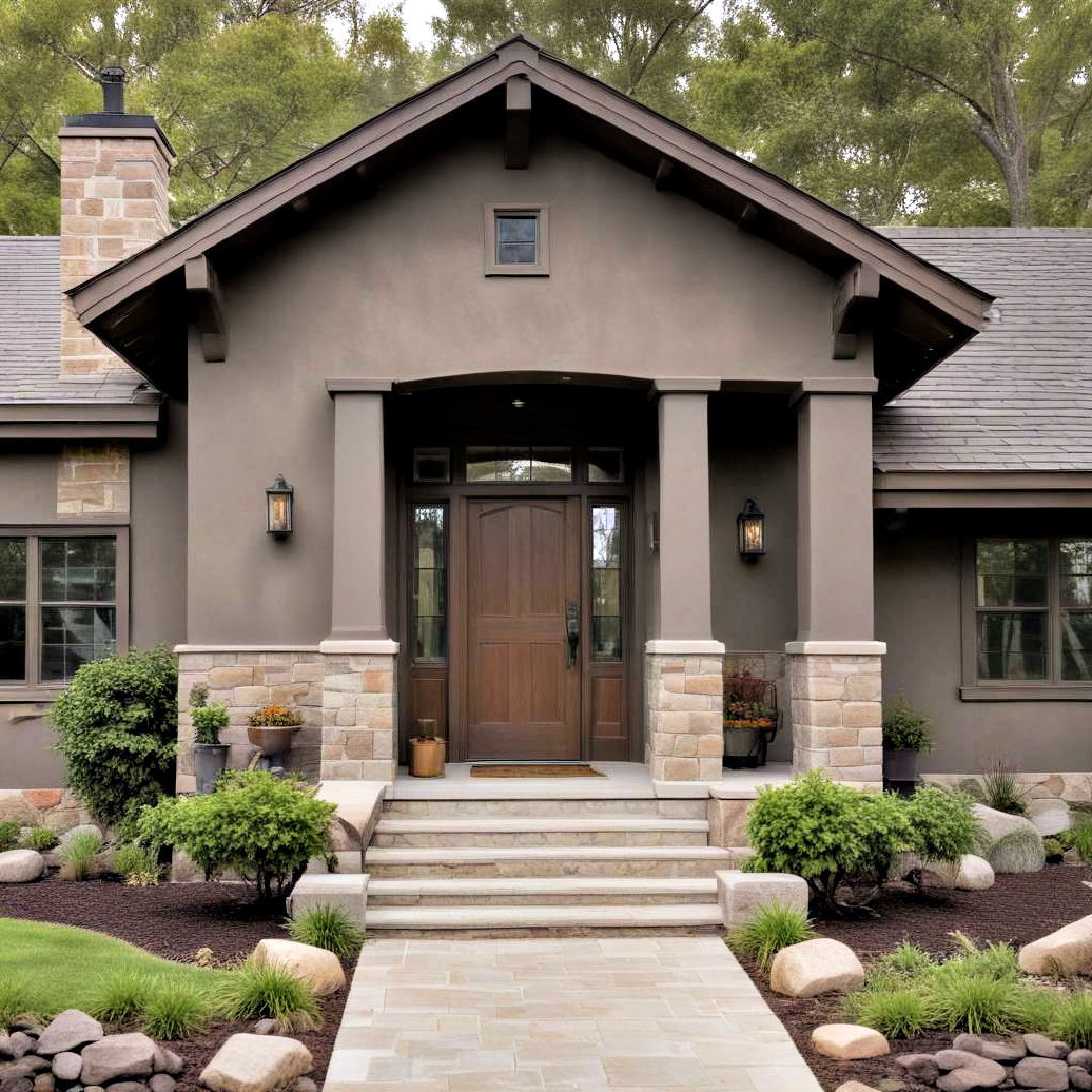 sable gray paint pairs with wood and stone accents - 40 Gray Exterior House Paint Ideas