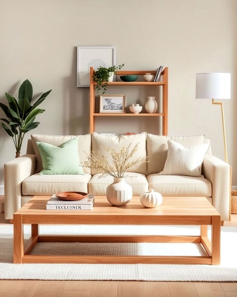 sage and cream accents with light wood furniture - 25 Sage Green and Cream Living Room Ideas