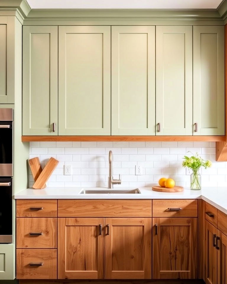 sage and wood two toned cabinets - 20 Rustic Sage Green Kitchen Cabinets