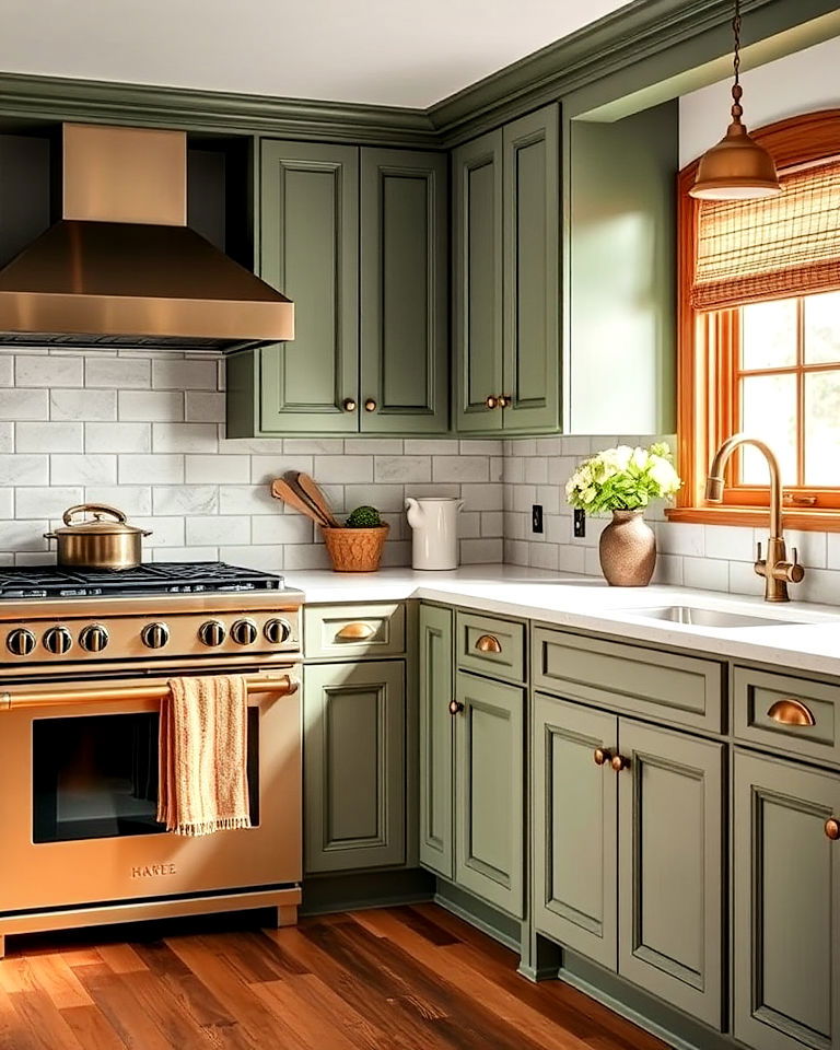 sage cabinets and antique brass hardware - 20 Rustic Sage Green Kitchen Cabinets
