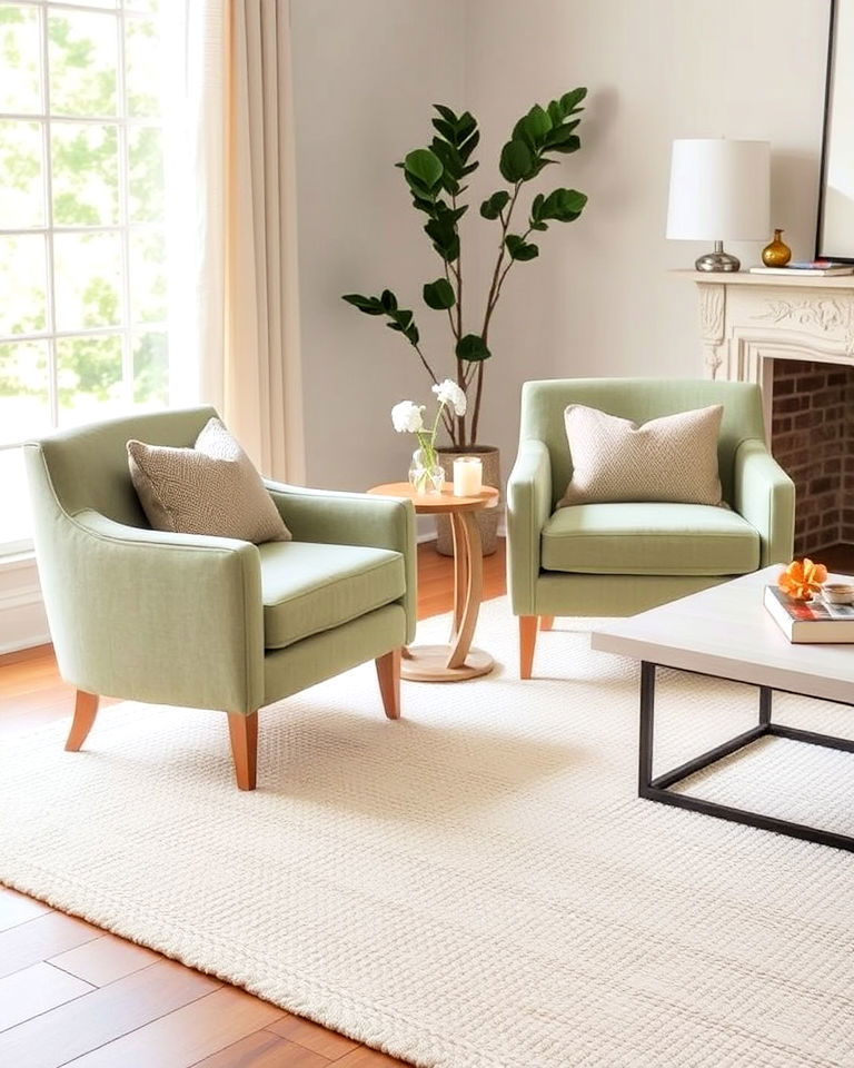 sage green accent chairs for cream textured rug - 25 Sage Green and Cream Living Room Ideas