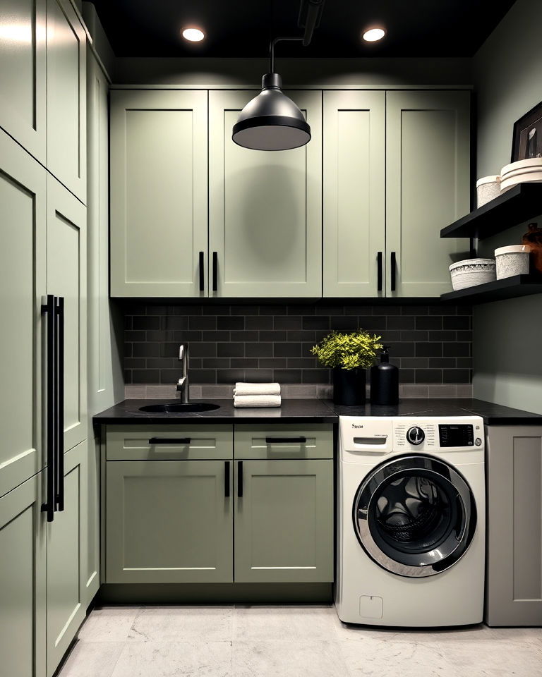 sage green and black laundry room - 15 Sage Green Laundry Room Ideas