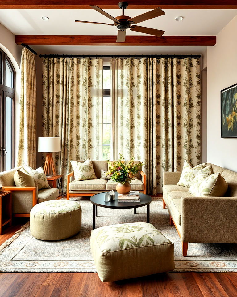 sage green and brown living room with mix patterns - 20 Sage Green and Brown Living Room Ideas