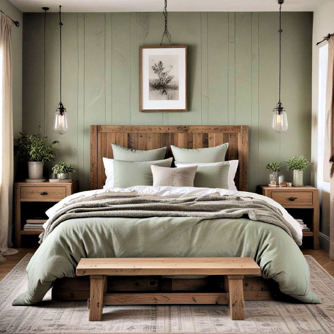 sage green and grey bedroom with rustic charm - 25 Sage Green and Grey Bedroom Ideas
