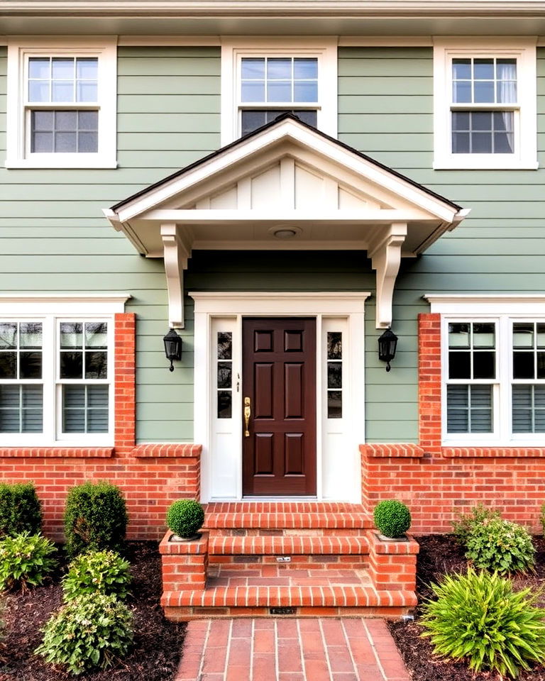 sage green and red brick accents - 30 Sage Green House Exterior Ideas