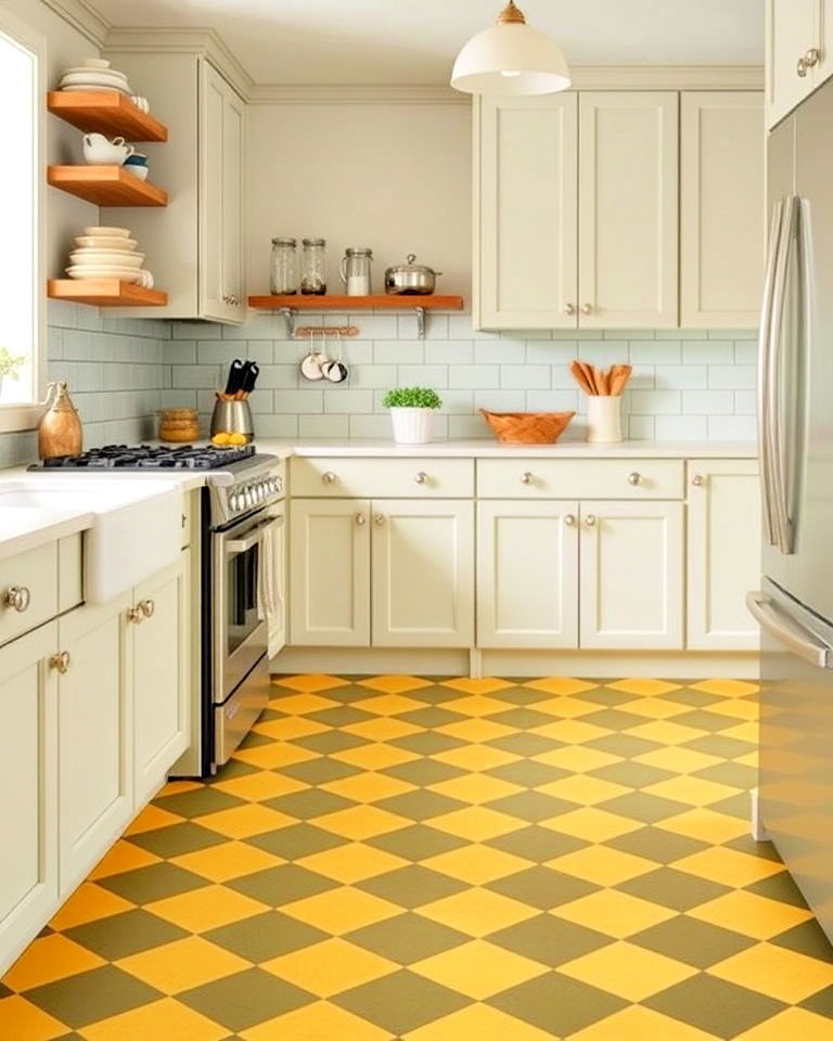 sage green and yellow checkerboard flooring - 20 Green and Yellow Kitchen Ideas
