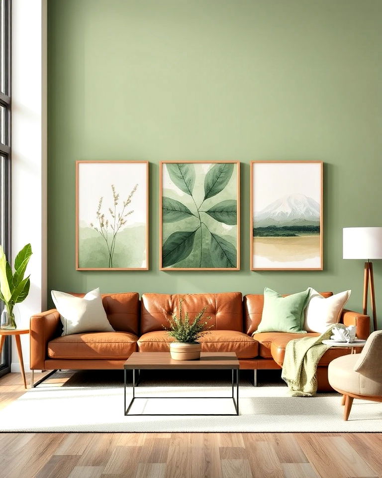 sage green artwork with brown furniture - 20 Sage Green and Brown Living Room Ideas