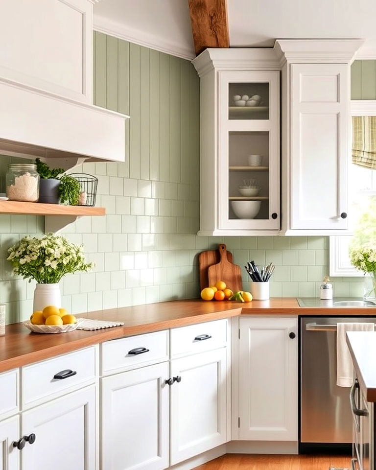 sage green beadboard accent wall - 25 Sage Green and White Kitchen Ideas