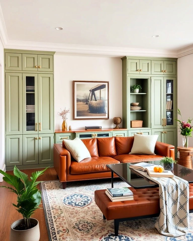 sage green built in cabinets - 20 Sage Green and Brown Living Room Ideas