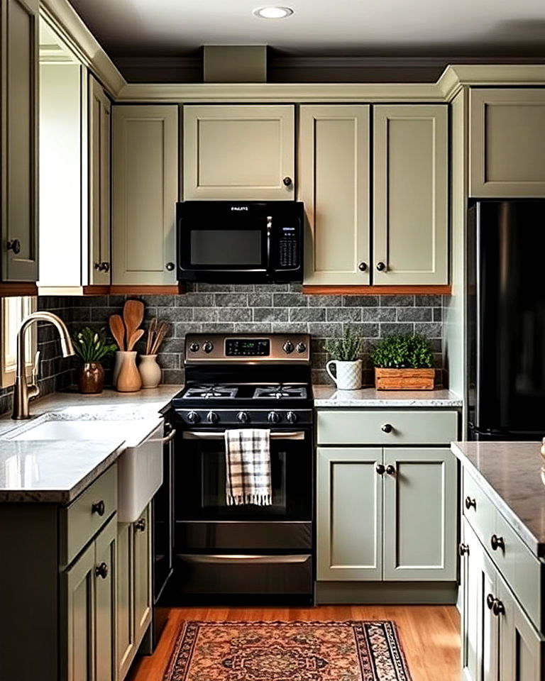 sage green cabinets and black appliances combo - 20 What Color Cabinets Go With Black Appliances