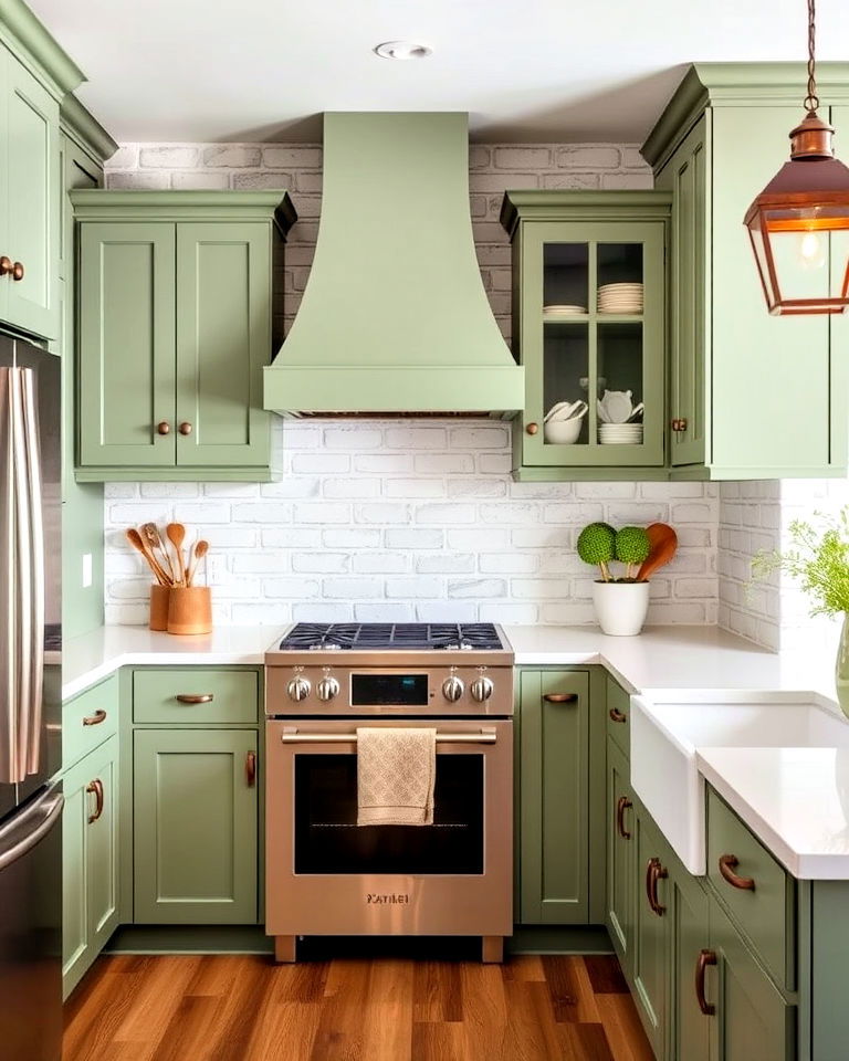 sage green cabinets and whitewashed brick - 20 Rustic Sage Green Kitchen Cabinets