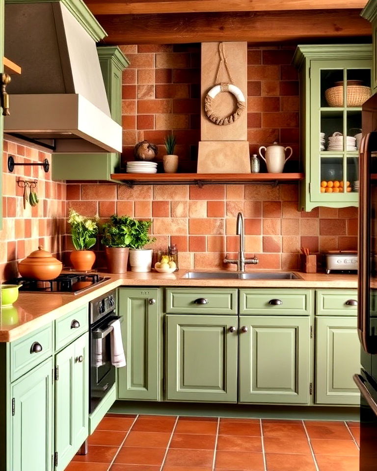 sage green cabinets with mediterranean inspired terracotta tiles - 20 Rustic Sage Green Kitchen Cabinets