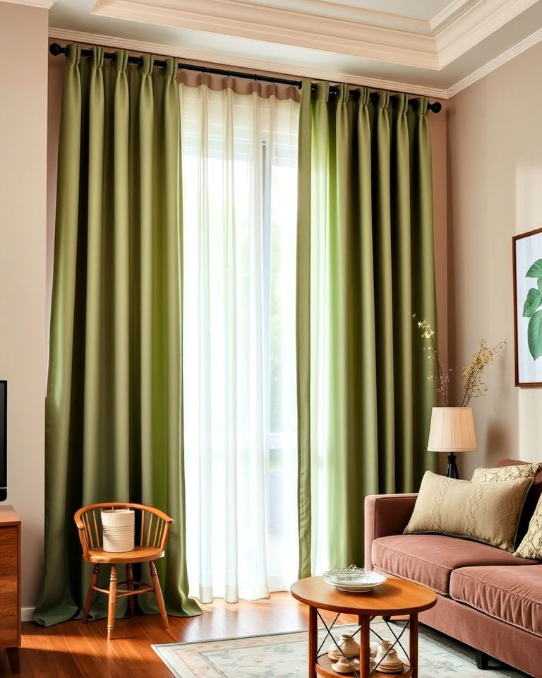 sage green curtains with brown furniture - 20 Sage Green and Brown Living Room Ideas