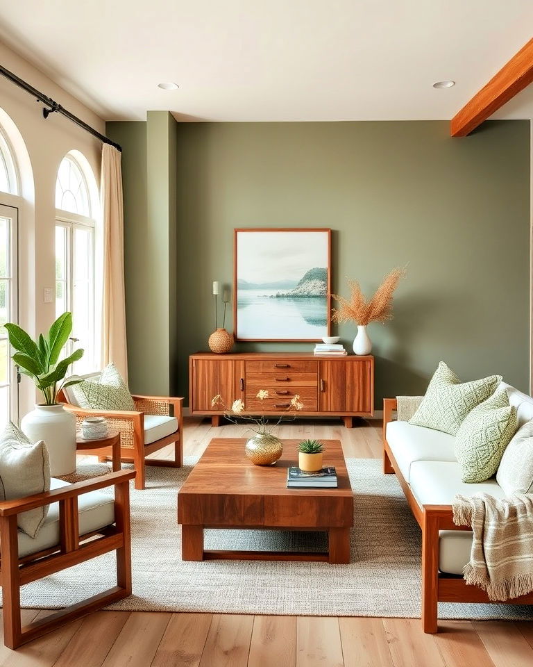 sage green decor and wooden furniture - 20 Sage Green and Brown Living Room Ideas