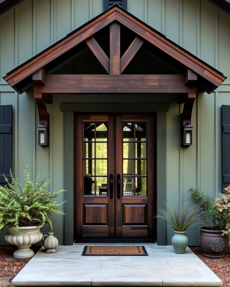 sage green exterior with dark wood elements - 30 Sage Green House Exterior Ideas