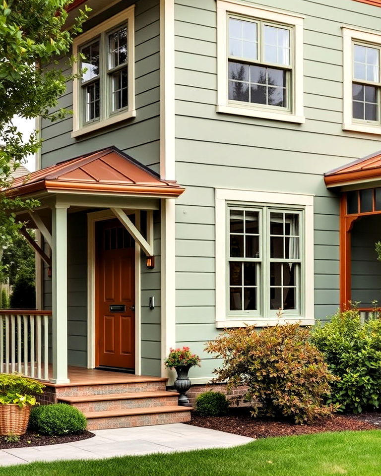 sage green exterior with luxury copper accents - 30 Sage Green House Exterior Ideas