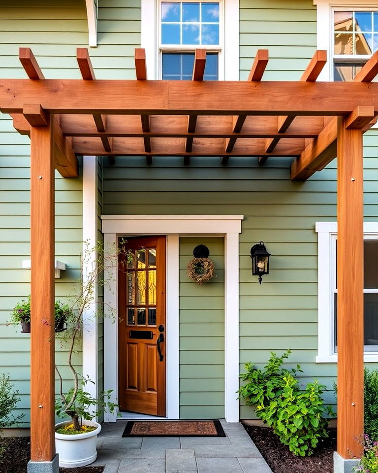 sage green exterior with pergola entryway - 30 Sage Green House Exterior Ideas