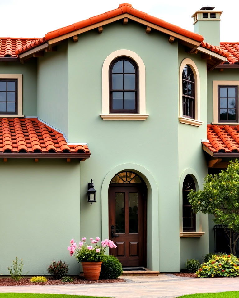 sage green exterior with terracotta roof tiles - 30 Sage Green House Exterior Ideas