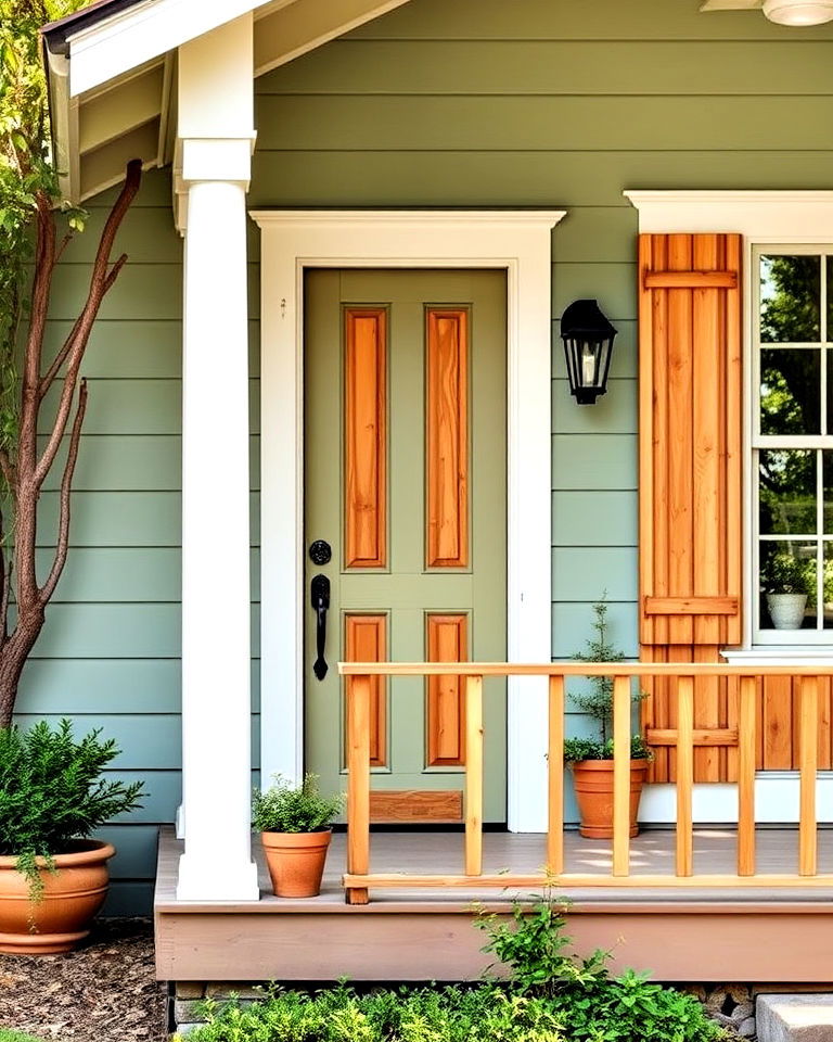 sage green exterior with wooden accents - 30 Sage Green House Exterior Ideas