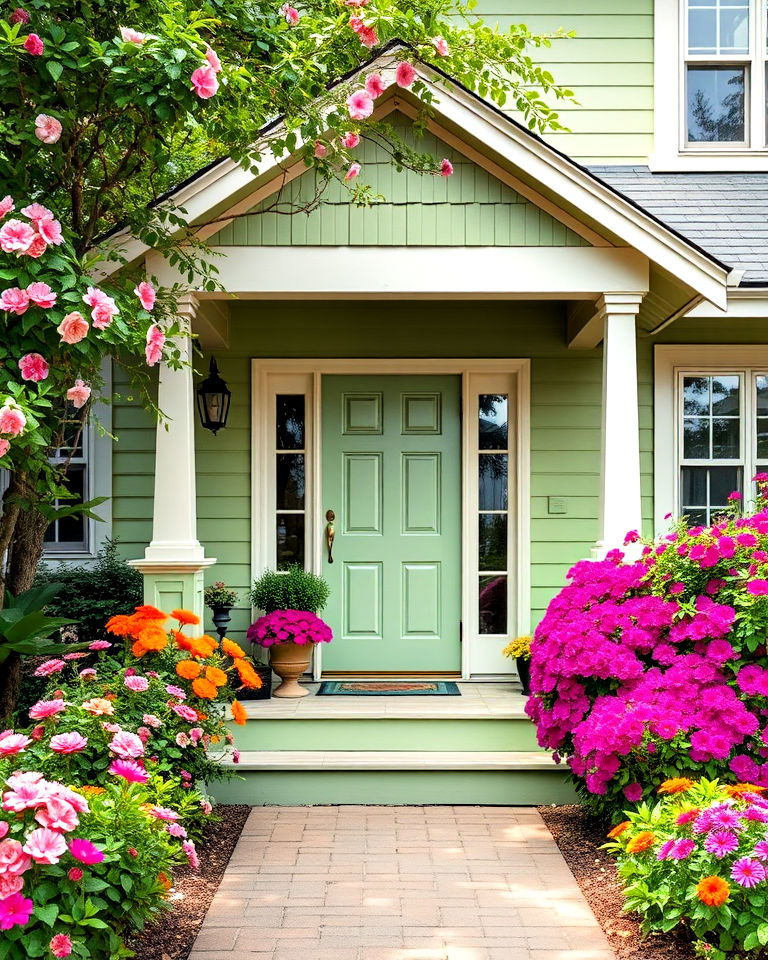 sage green house exterior with floral landscaping - 30 Sage Green House Exterior Ideas