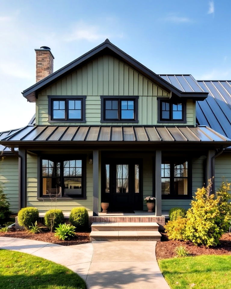 sage green house exterior with metal roofing - 30 Sage Green House Exterior Ideas