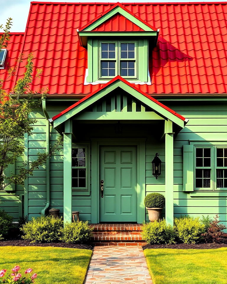 sage green house exterior with red roof combo - 30 Sage Green House Exterior Ideas