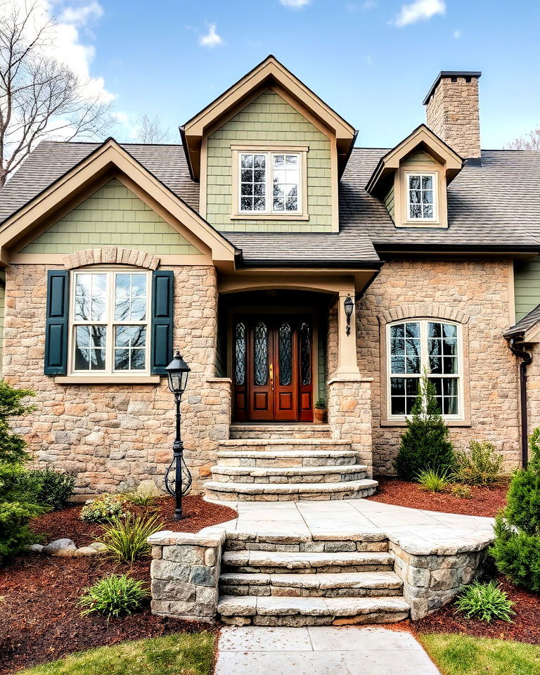 sage green house exterior with stone detailing - 30 Sage Green House Exterior Ideas