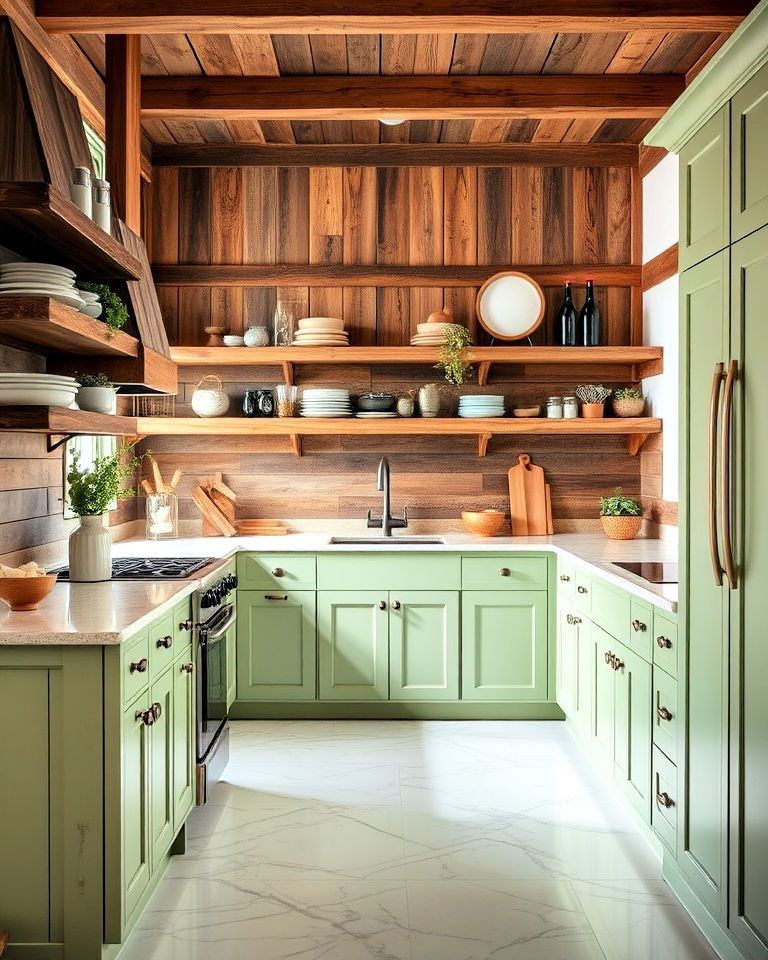 sage green kitchen cabinets with reclaimed wood - 20 Rustic Sage Green Kitchen Cabinets