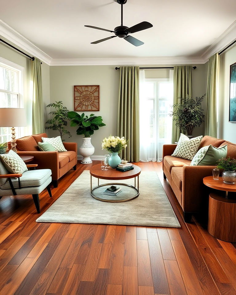 sage green living room with brown flooring - 20 Sage Green and Brown Living Room Ideas