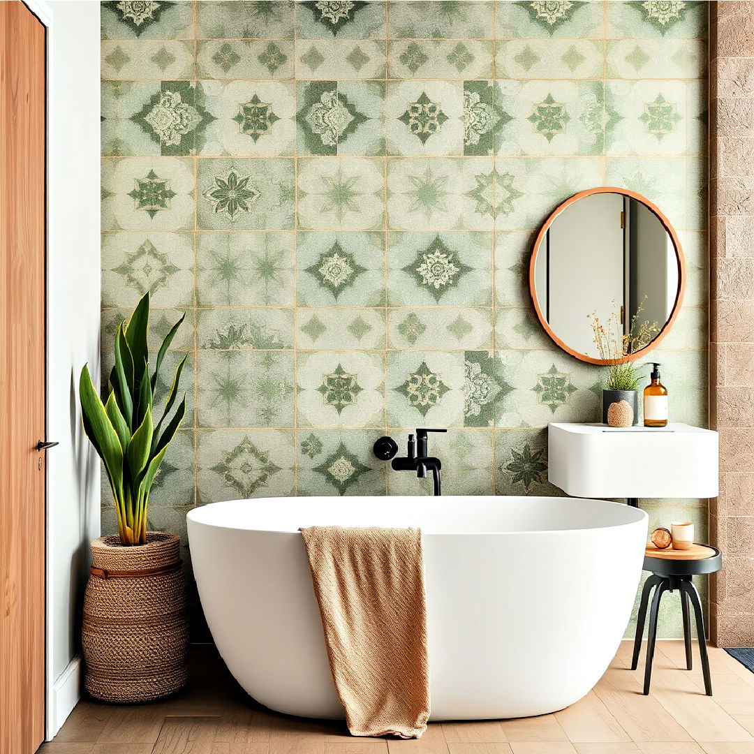 sage green moroccan tiles as feature wall - 25 Green Tile Bathroom Ideas