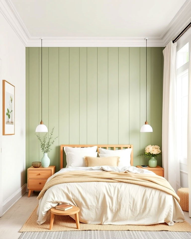 sage green paneling with crisp white walls - 20 Green Panelling Bedroom Ideas