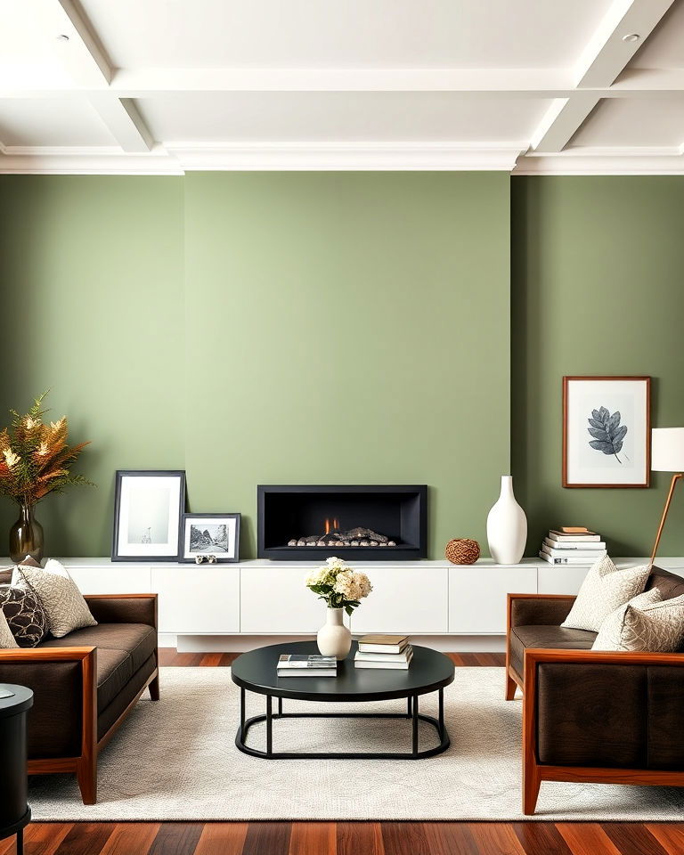 sage green statement wall for brown living room - 20 Sage Green and Brown Living Room Ideas