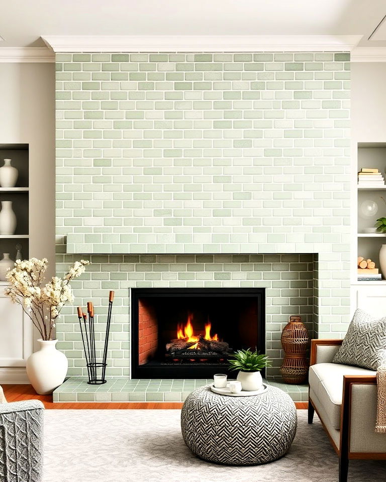 sage green tiled fireplace to add texture - 15 Sage Green Fireplace Ideas