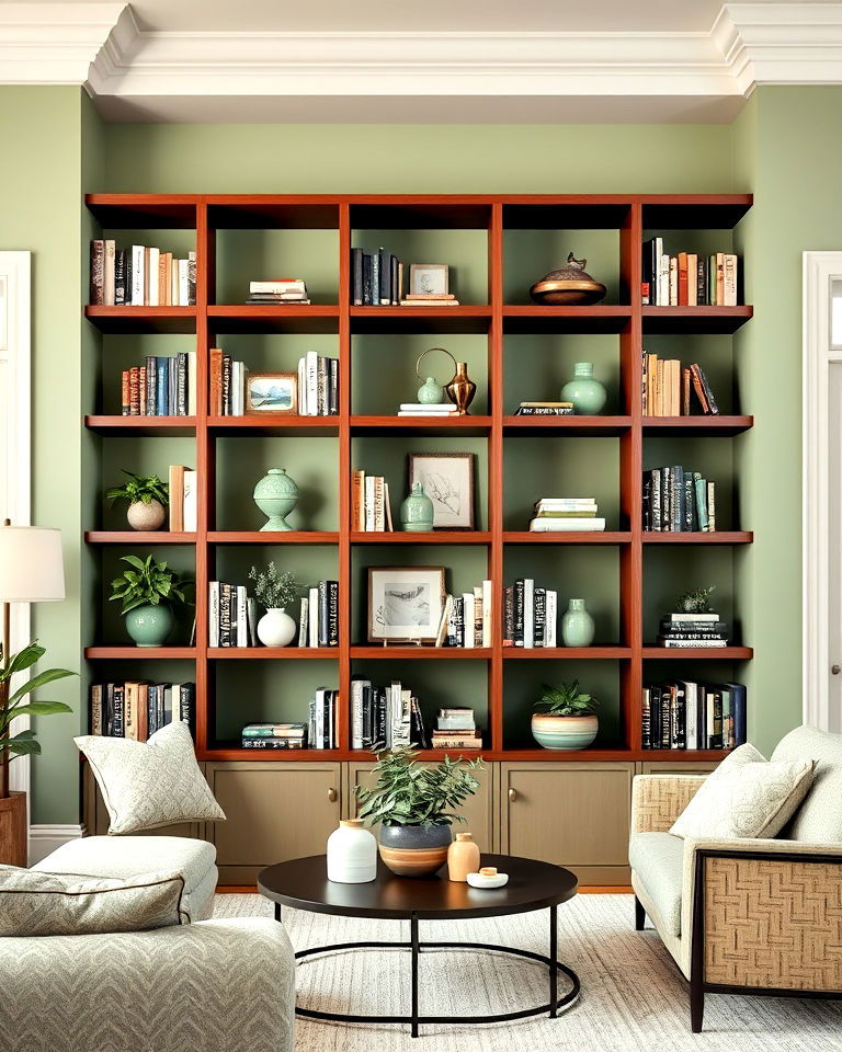sage green walls with brown bookshelves - 20 Sage Green and Brown Living Room Ideas