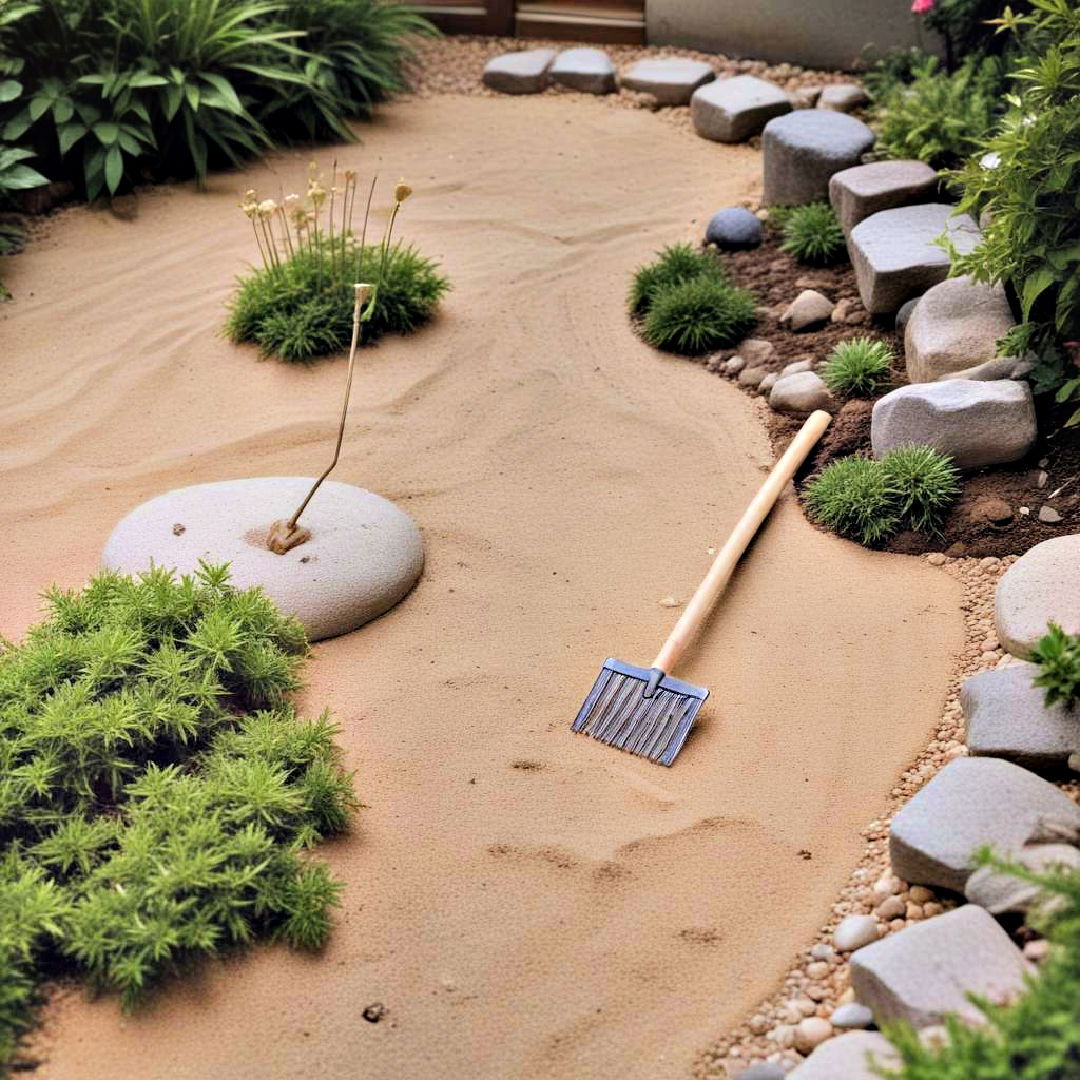 sand and miniature rake idea - 25 Zen Garden Ideas
