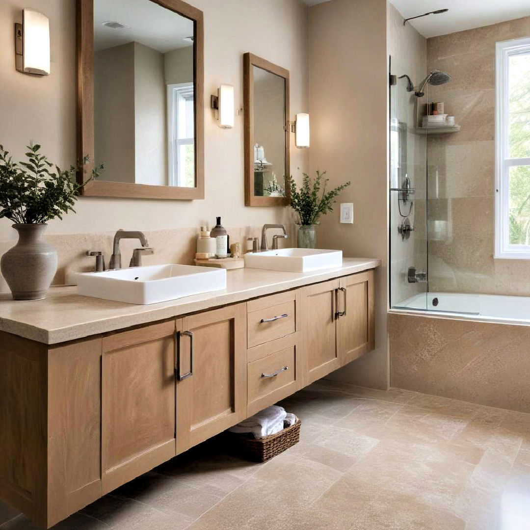 sand colored countertop for brown bathroom - 25 Brown Bathroom Ideas