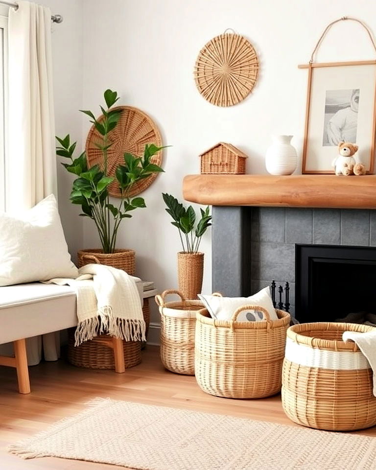 scandinavian aesthetic woven baskets for storage - 30 Rustic Scandinavian Living Room Ideas
