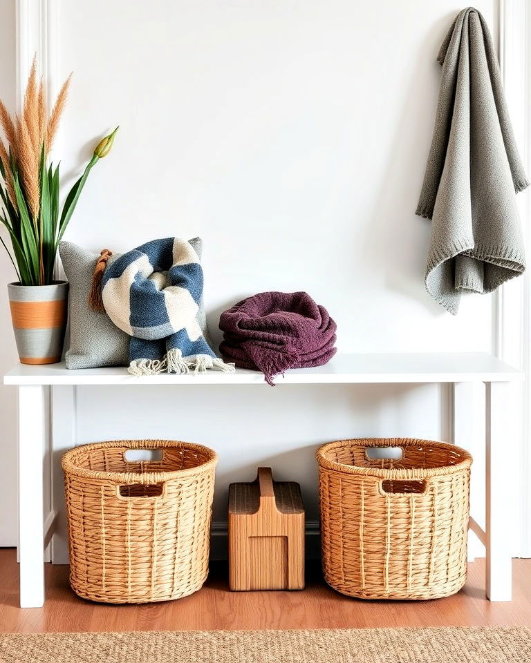 scandinavian entryway bench with woven baskets - 20 Scandinavian Entryway Ideas