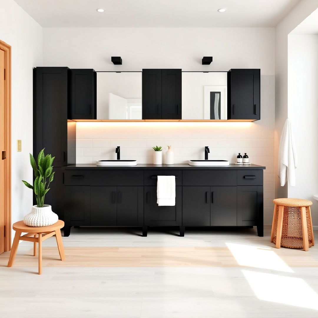 scandinavian inspired bathroom and black cabinets - 25 Bathroom With Black Cabinets Ideas