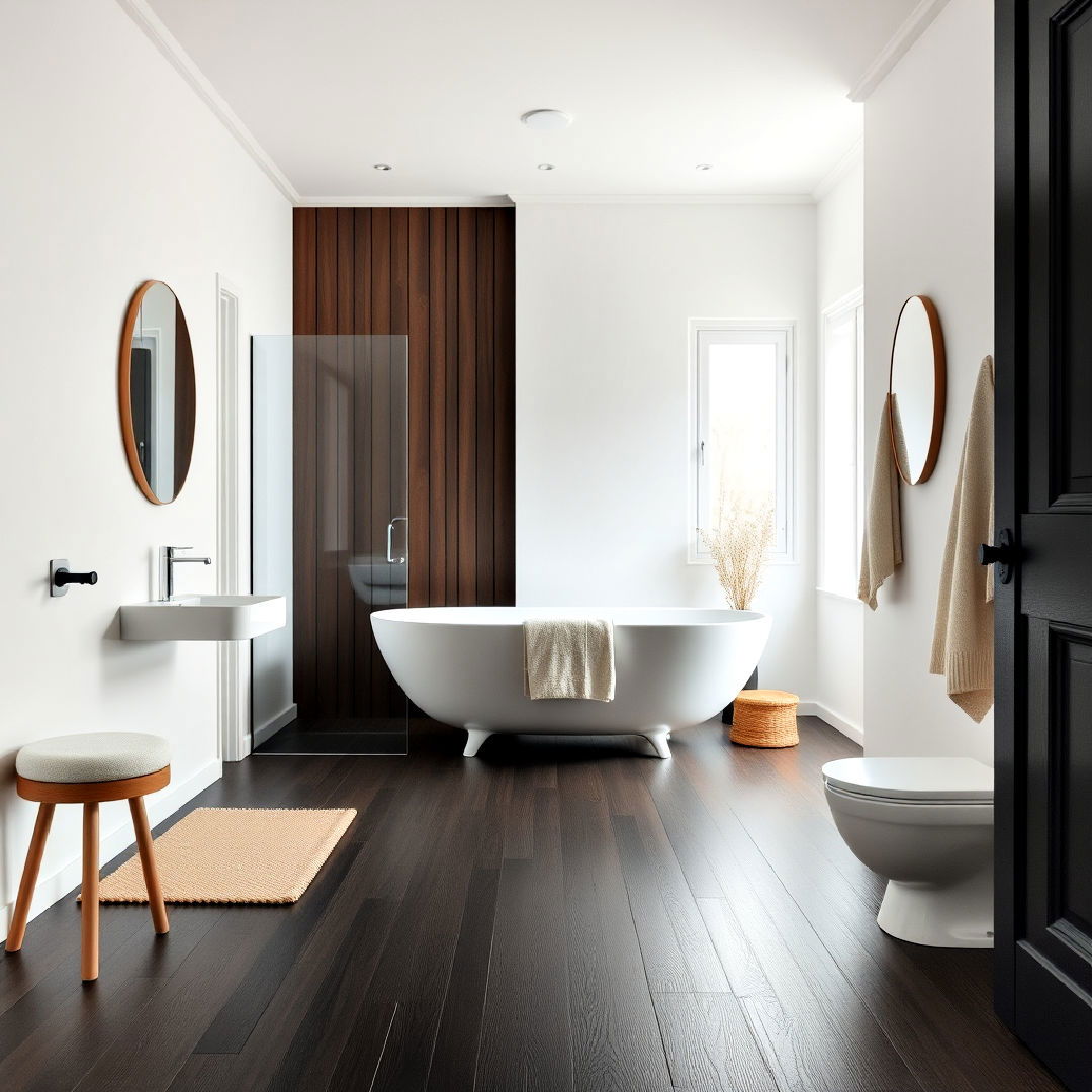 scandinavian inspired dark wood floor bathroom - 25 Dark Wood Floor Bathroom Ideas