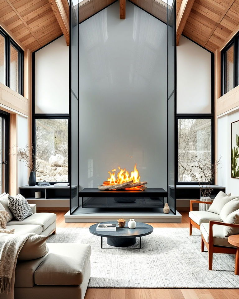scandinavian inspired floor to ceiling glass fireplace - 20 Scandinavian Fireplace Ideas