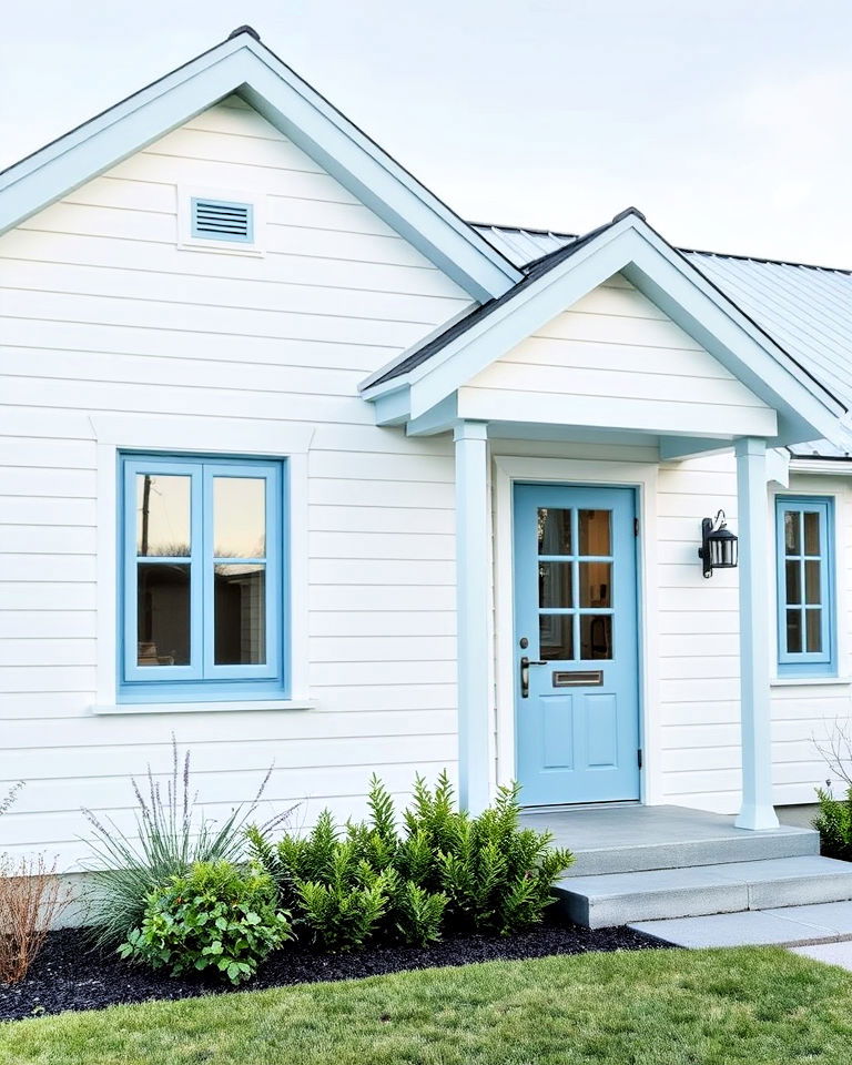 scandinavian inspired white house and icy blue trim - 20 White House With Blue Trim Design Ideas