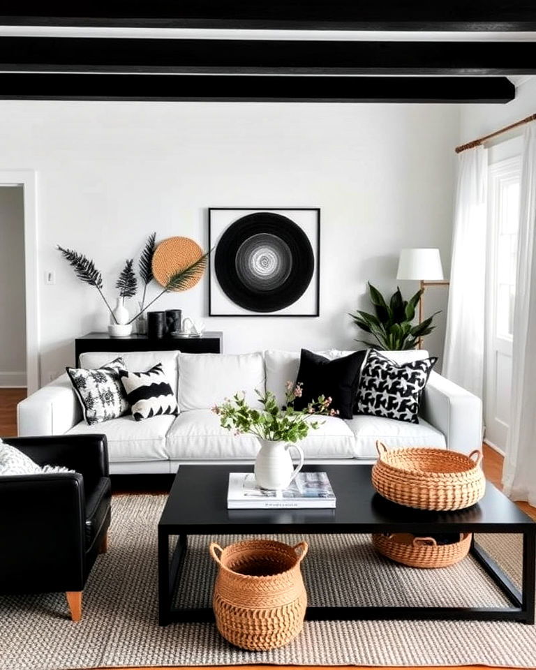 scandinavian minimalism with bohemian flair - 20 Black and White Boho Living Room Ideas