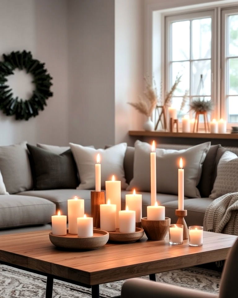 scandinavian rustic living room with candle display - 30 Rustic Scandinavian Living Room Ideas